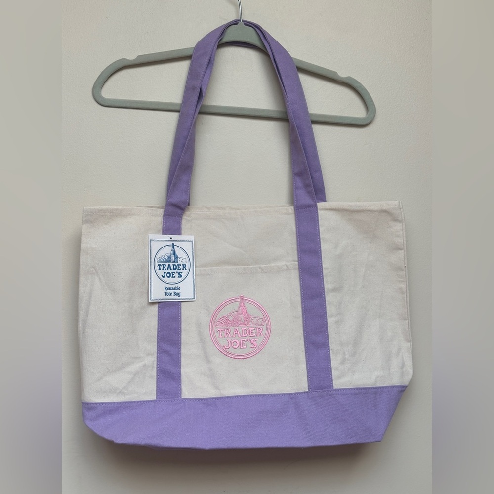Trader Joe’s Canvas Tote Bag Embroidered Logo‎ Lavender Large